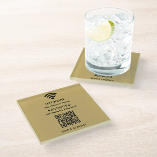 Gold Simple Elegant Wifi QR Code Network Password Glass Coaster
