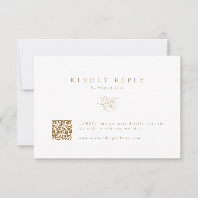 Gold Simple Hand-Drawn Cherry Blossom QR Code  RSVP Card (Front)