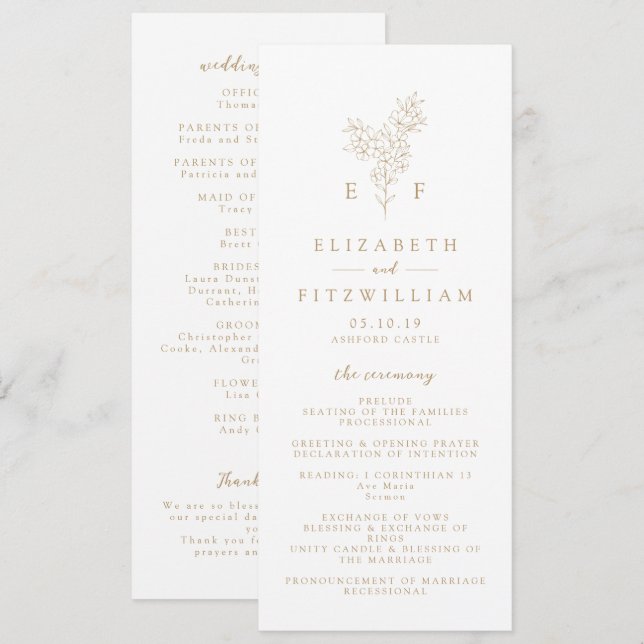 Gold Simple Minimal Cherry Blossom Monogram Wreath Programme (Front/Back)