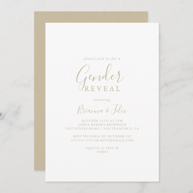 Gold Simple Minimalist Gender Reveal Party  Invitation (Front/Back)