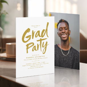 Gold Simple Modern Brush Script Grad Party Invitation