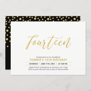 Gold Simple Modern Lettering 14th Birthday Party Invitation