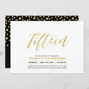 Gold Simple Modern Lettering 15th Birthday Party Invitation