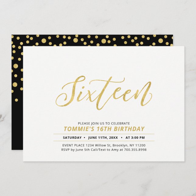 Gold Simple Modern Lettering 16th Birthday Party Invitation (Front/Back)