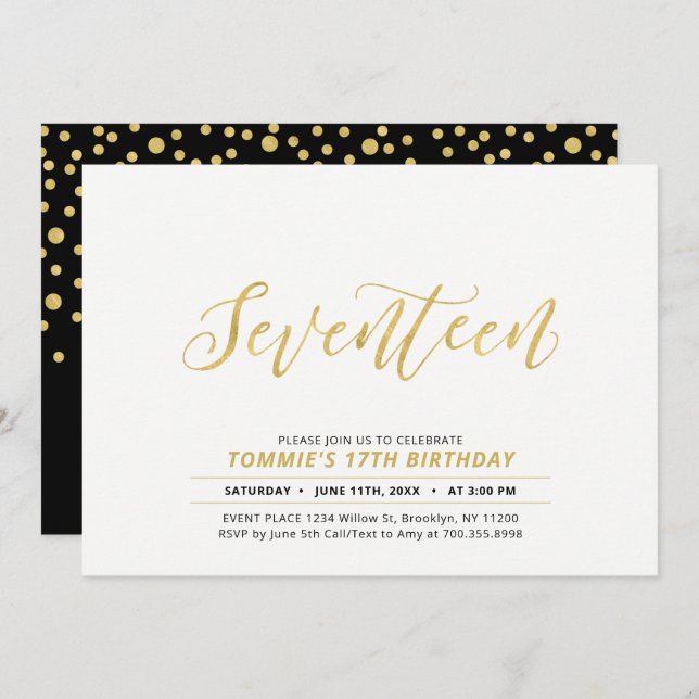 Gold Simple Modern Lettering 17th Birthday Party Invitation (Front/Back)