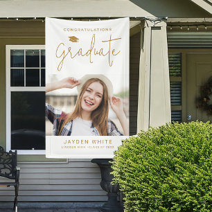 Gold Simple Modern Script Photo Graduation Party Banner