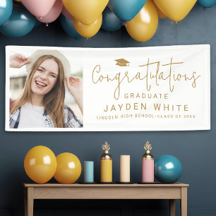 Gold Simple Modern Script Photo Graduation Party Banner