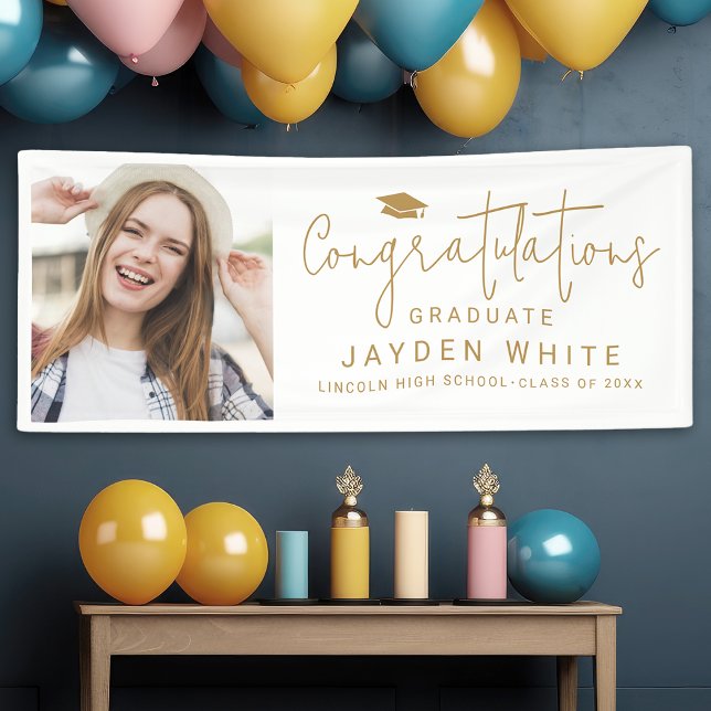 Gold Simple Modern Script Photo Graduation Party Banner (Gold Simple Modern Script Photo Graduation Party Banner)