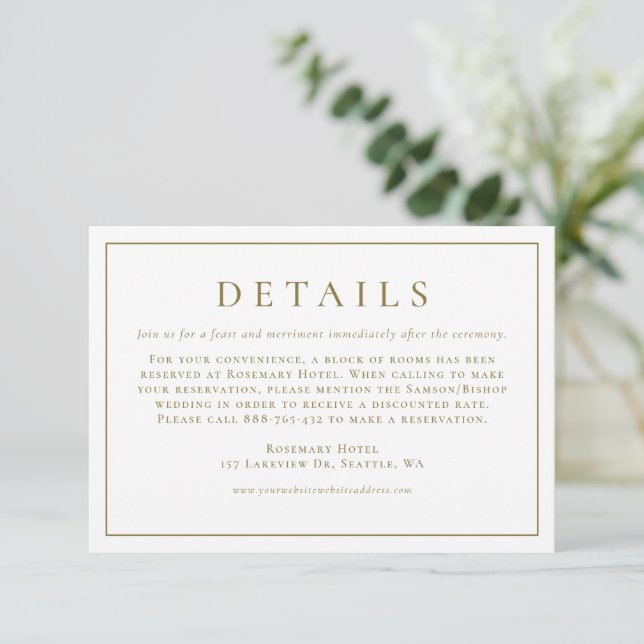 Gold Simple Typography Formal Wedding Details Enclosure Card (Standing Front)