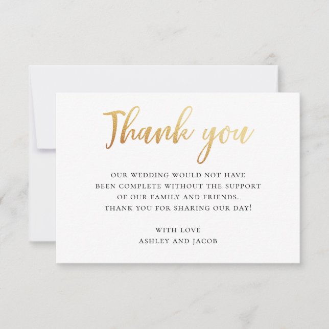 Gold simple typography wedding. Modern calligraphy Thank You Card (Front)