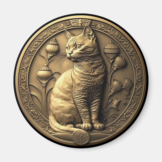 Gold Sitting Cat Medallion Magnet (Front)