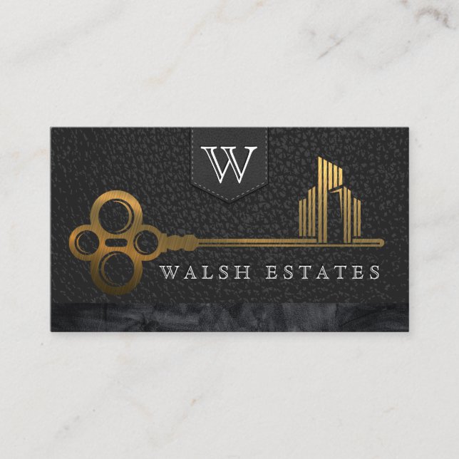 Gold Skeleton Key City Logo | Leather Business Card (Front)