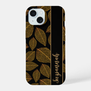 Gold Skeleton Leaf Pattern on Black Gift Idea iPhone 15 Case