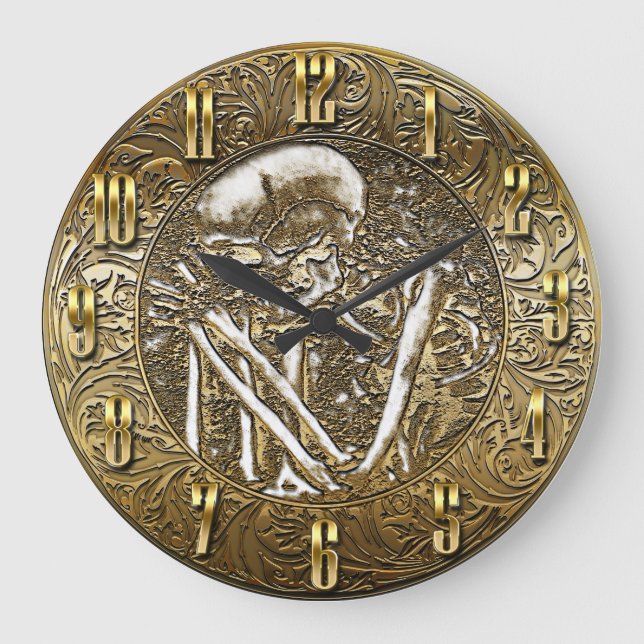 Gold Skeleton Skull Vintage Treasure Coin Large Clock (Front)