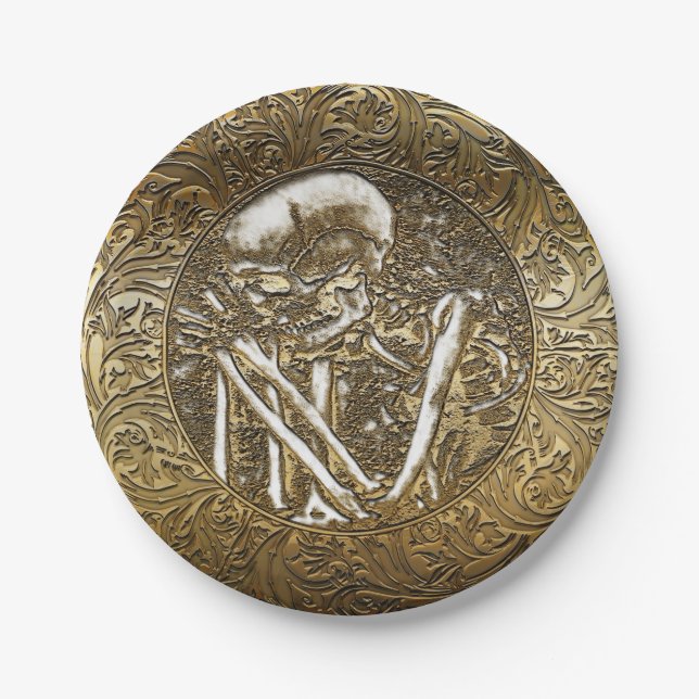 Gold Skeleton Skull Vintage Treasure Coin Paper Plate (Front)