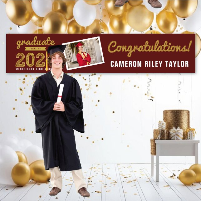 Gold Sketch 2025 Congrats Photo Graduation Party Banner (2024 Burgundy Red & Gold Sketch One Photo Graduation Party Banner @ www.zazzle.com/color_therapy)