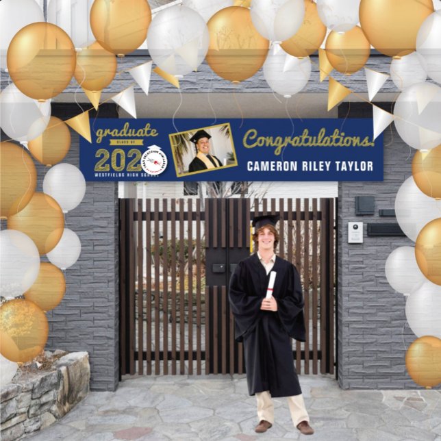 Gold Sketch 2025 One Photo Modern Graduation Party Banner (20YY Navy Blue & Gold Sketch One Photo Modern Graduation Party Banner @ www.zazzle.com/color_therapy)