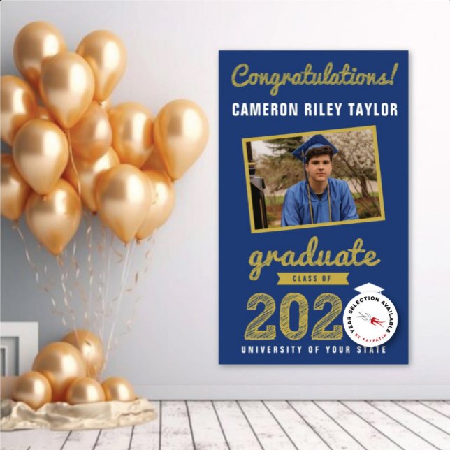 Gold Sketch Class Of 2025 Photo Graduation Party Banner (20YY Gold Sketch On Blue One Photo Modern Graduation Party Banner @ www.zazzle.com/color_therapy)