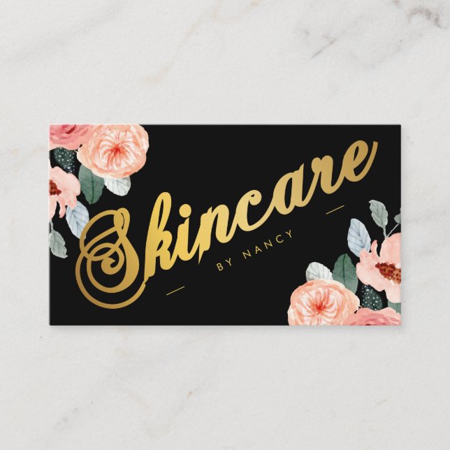 Gold Skincare Script Calligraphy Watercolor Floral Business Card (Front)