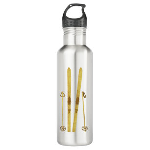Gold Skis And Poles Retro Ski Illustration 710 Ml Water Bottle