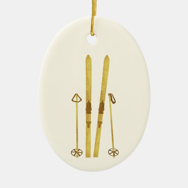 Gold Skis And Poles | Retro Ski Illustration Ceramic Tree Decoration (Front)