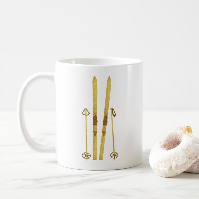 Gold Skis And Poles | Retro Ski Illustration Coffee Mug (With Donut)