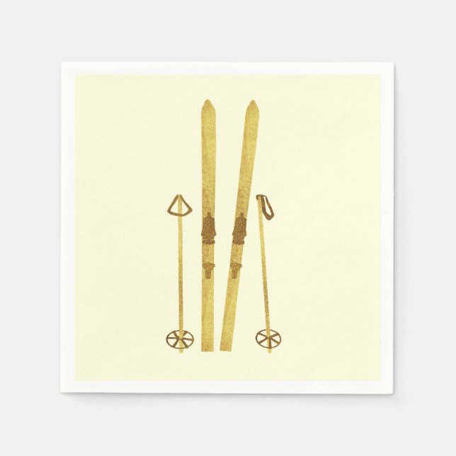 Gold Skis And Poles | Retro Ski Illustration Cream Napkin (Front)