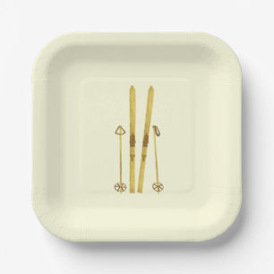Gold Skis And Poles   Retro Ski Illustration Cream Paper Plate