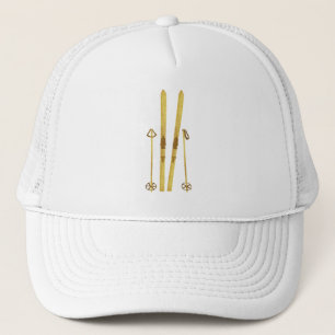 Gold Skis And Poles Retro Ski Illustration Cream Trucker Hat
