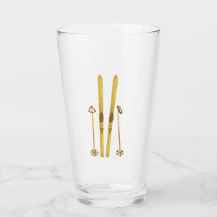 Gold Skis And Poles   Retro Ski Illustration Glass