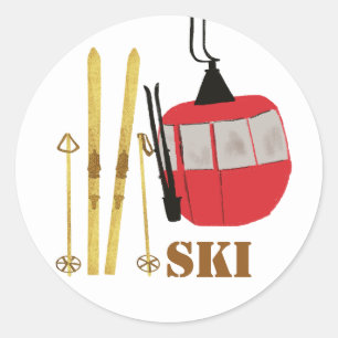 Gold Skis And Poles   Retro Ski Lift Holiday Classic Round Sticker