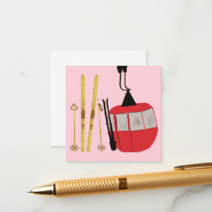 Gold Skis And Poles Retro Ski Lift Holiday Pink Enclosure Card