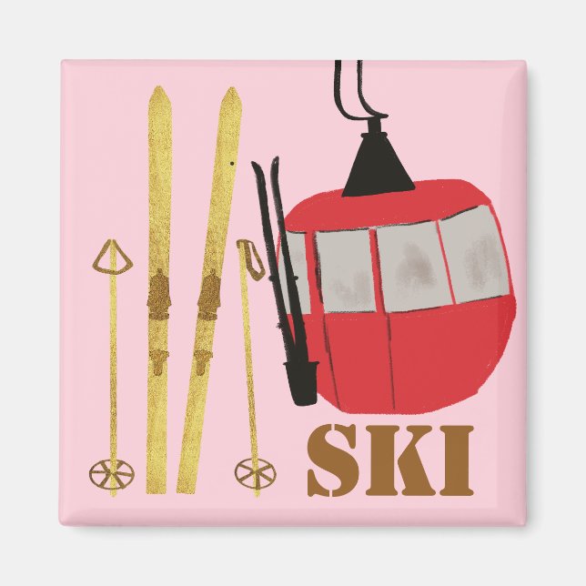Gold Skis And Poles | Retro Ski Lift Holiday Pink Magnet (Front)