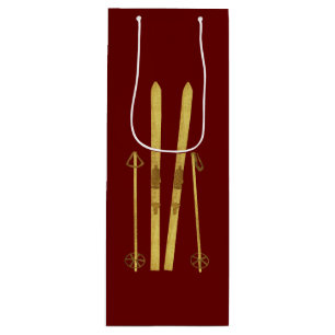 Gold Skis & Poles   Retro Ski Illustration Holiday Wine Gift Bag