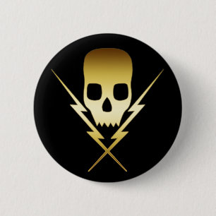 GOLD SKULL AND LIGHTNING BOLTS 6 CM ROUND BADGE