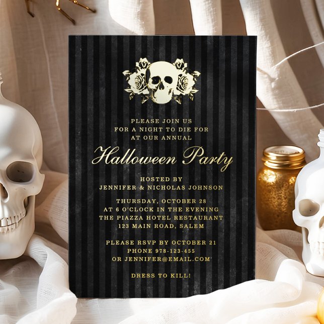 Gold Skull Gothic Black Halloween Party (Gold Skull Gothic Black Halloween Party Foil Invitation)