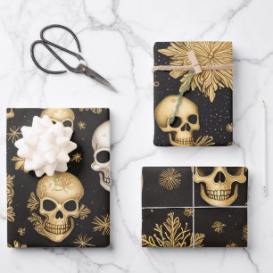 Gold Skulls and Snowflakes Gothic Christmas  Wrapping Paper Sheet
