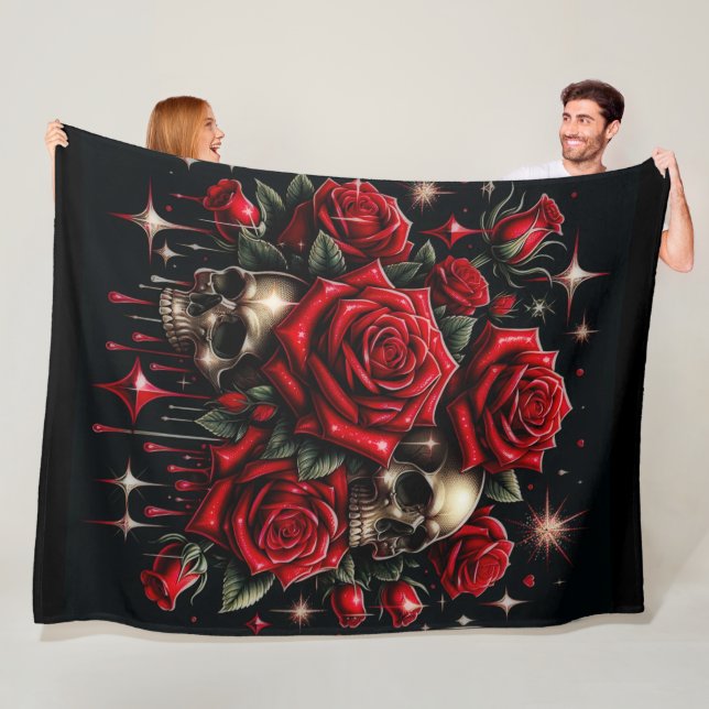 Gold Skulls & Red Roses Sparkle Gothic Glamour Fleece Blanket (In Situ)
