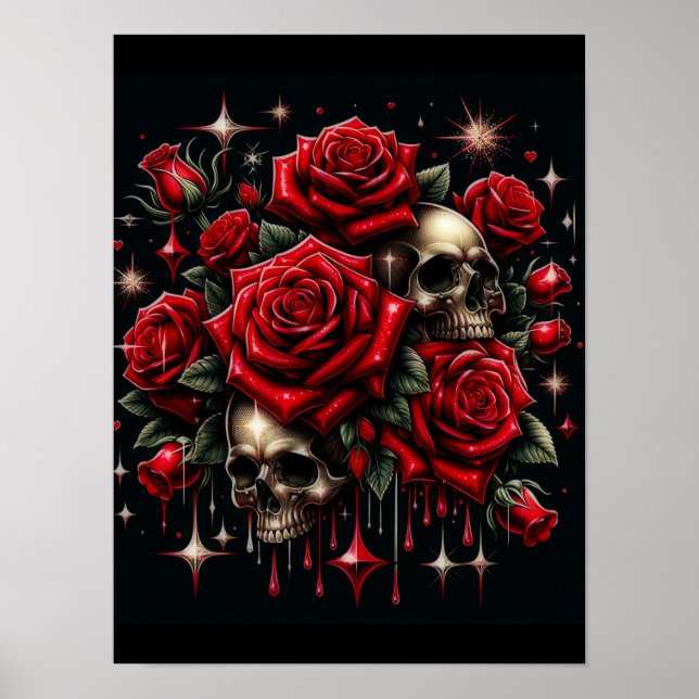 Gold Skulls & Red Roses Sparkle Gothic Glamour Poster (Front)