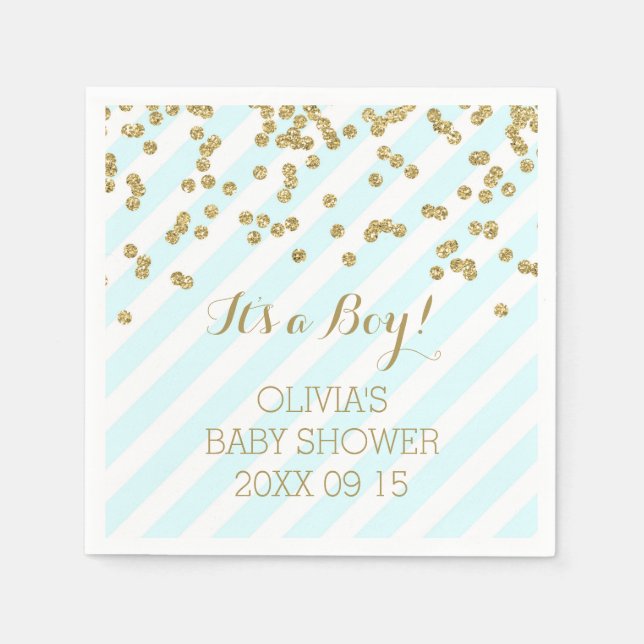 Gold Sky Blue Confetti Stripes Baby Shower Napkin (Front)