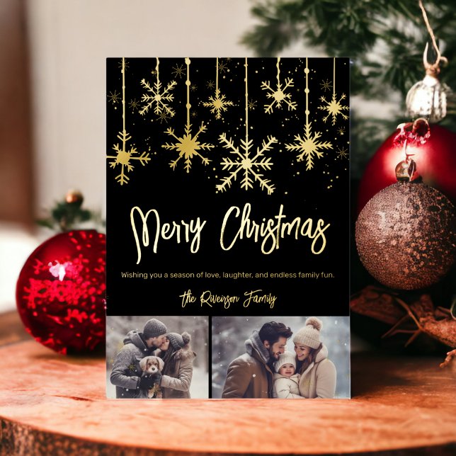 gold snow elegant black merry christmas 2 photos (gold snow elegant black merry christmas 2 photos foil invitation)