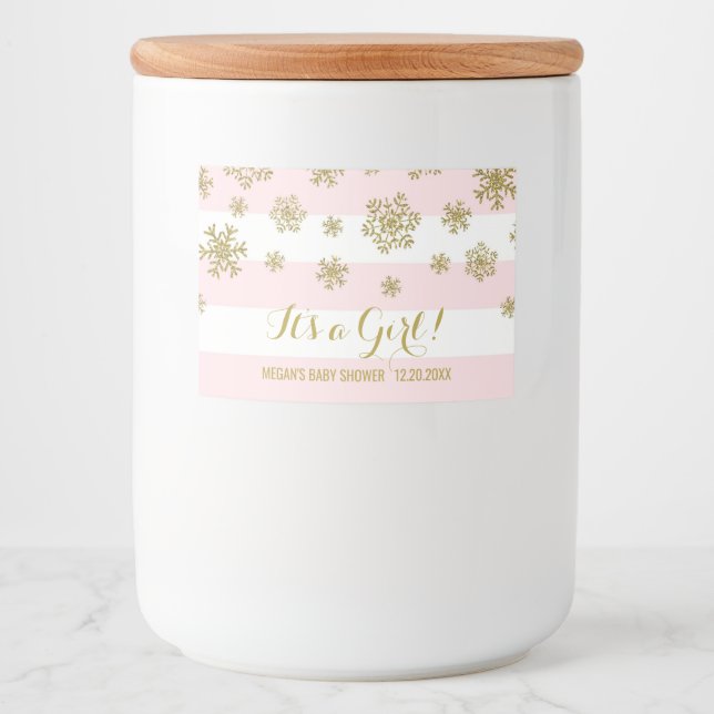 Gold Snow Pink Stripes Winter Baby Shower Food Label (Front)