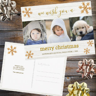 Gold Snowflake 3 Photo Merry Christmas Postcard