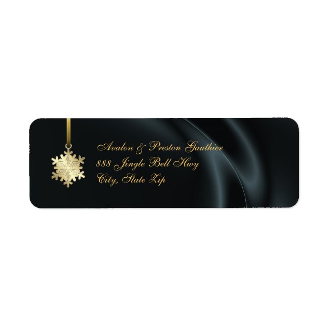 Gold Snowflake Black Silk Holiday Address Labels (Front)