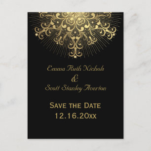 Gold snowflake black winter wedding Save the Date Announcement Postcard