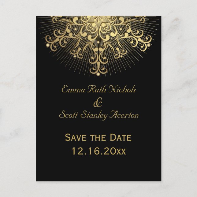 Gold snowflake black winter wedding Save the Date Announcement Postcard (Front)