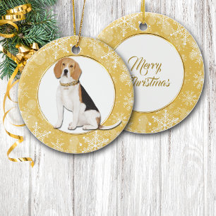 Gold Snowflake Border Beagle Dog Ceramic Tree Decoration