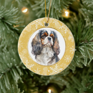 Gold Snowflake Cavalier King Charles Spaniel Ceramic Tree Decoration