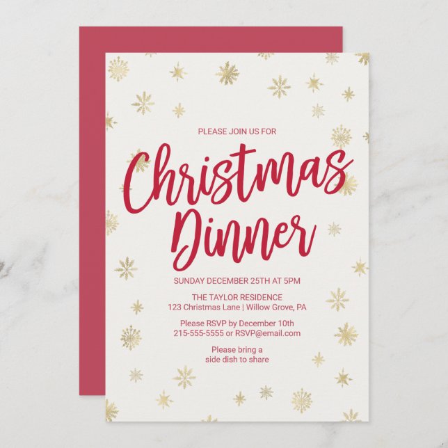 Gold Snowflake Christmas Dinner Invitation (Front/Back)