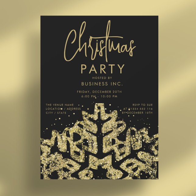 Gold Snowflake Corporate Christmas Party Black Invitation (Gold Snowflake Corporate Christmas Party Black Invitation)
